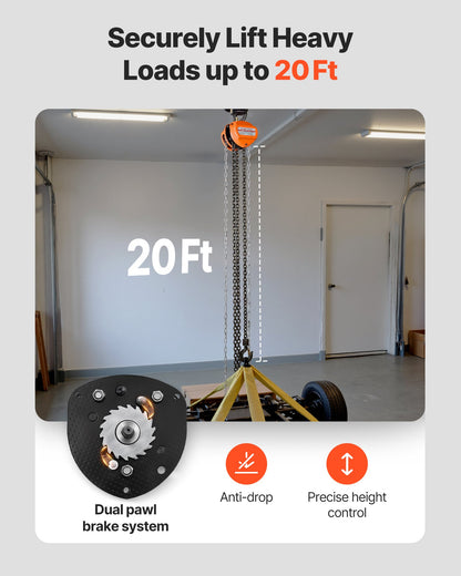 Hand Chain Hoist, 1 Ton Capacity, Manual Chain Block with Upgrade G80 Galvanized Chain, 6 m Lifting Height, Heavy Duty Pulley Hoist for Garage Warehouse Automotive Machinery, Orange