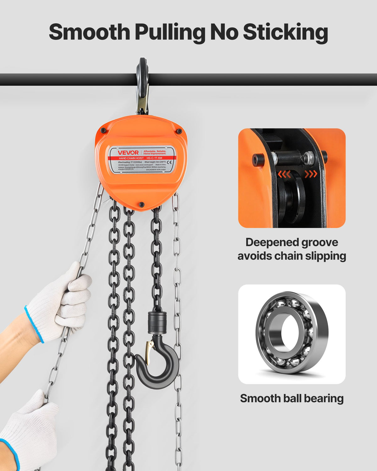 Hand Chain Hoist, 1 Ton Capacity, Manual Chain Block with Upgrade G80 Galvanized Chain, 6 m Lifting Height, Heavy Duty Pulley Hoist for Garage Warehouse Automotive Machinery, Orange