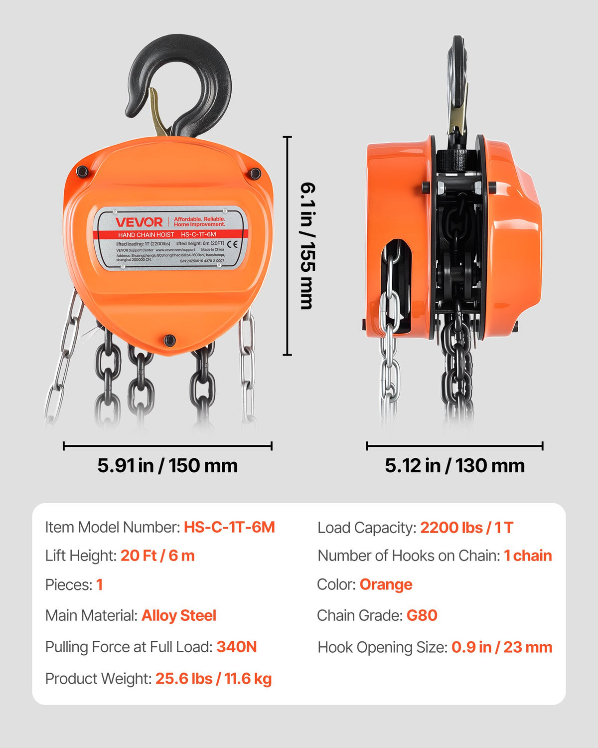 Hand Chain Hoist, 1 Ton Capacity, Manual Chain Block with Upgrade G80 Galvanized Chain, 6 m Lifting Height, Heavy Duty Pulley Hoist for Garage Warehouse Automotive Machinery, Orange