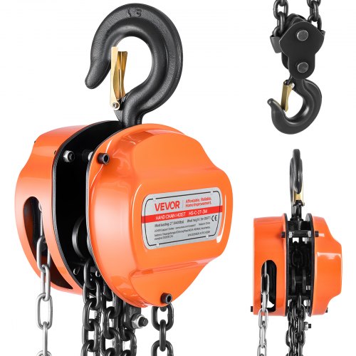 Hand Chain Hoist, 2 Ton Capacity, Manual Chain Block with Upgrade G80 Galvanized Chain, 3 m Lifting Height, Heavy Duty Pulley Hoist for Garage Warehouse Automotive Machinery, Orange