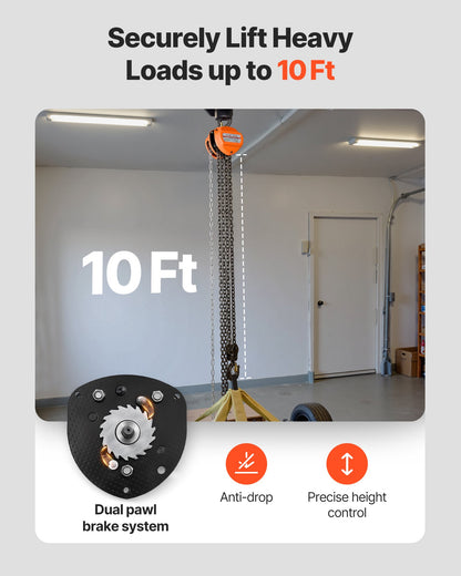 Hand Chain Hoist, 2 Ton Capacity, Manual Chain Block with Upgrade G80 Galvanized Chain, 3 m Lifting Height, Heavy Duty Pulley Hoist for Garage Warehouse Automotive Machinery, Orange