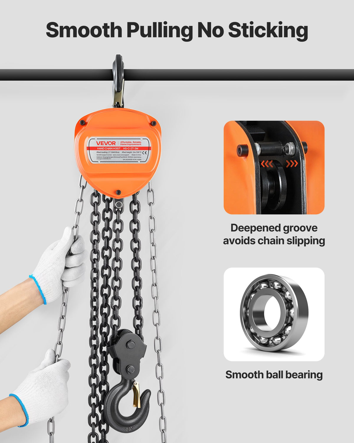 Hand Chain Hoist, 2 Ton Capacity, Manual Chain Block with Upgrade G80 Galvanized Chain, 3 m Lifting Height, Heavy Duty Pulley Hoist for Garage Warehouse Automotive Machinery, Orange