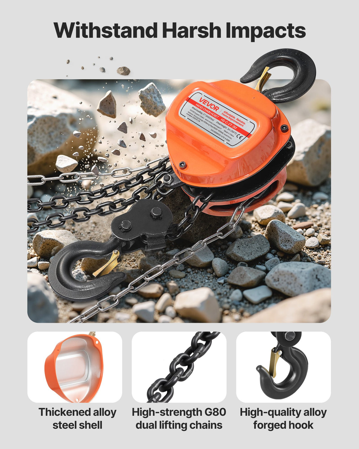 Hand Chain Hoist, 2 Ton Capacity, Manual Chain Block with Upgrade G80 Galvanized Chain, 3 m Lifting Height, Heavy Duty Pulley Hoist for Garage Warehouse Automotive Machinery, Orange