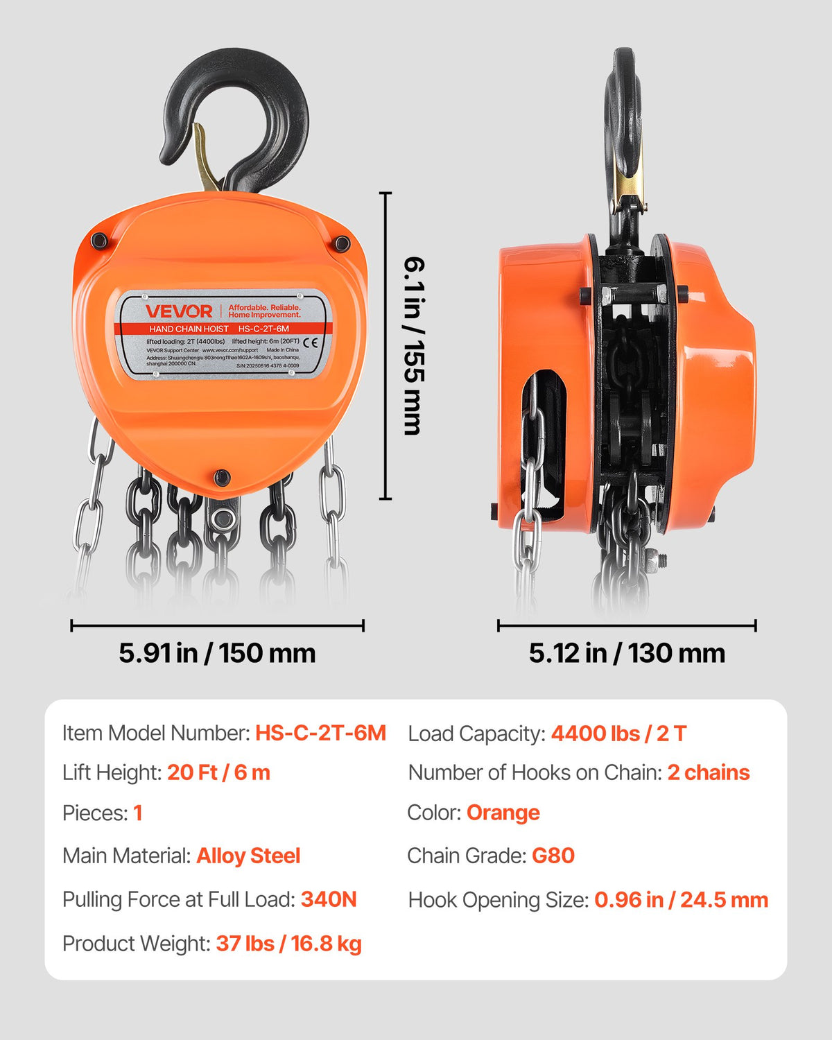 Hand Chain Hoist, 2 Ton Capacity, Manual Chain Block with Upgrade G80 Galvanized Chain, 6 m Lifting Height, Heavy Duty Pulley Hoist for Garage Warehouse Automotive Machinery, Orange
