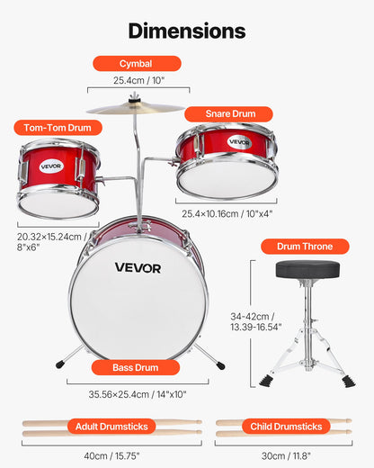 Barntrumset, 3-delat 14 tum / 355,6 mm juniortrumset, trumset för nybörjare med justerbar tron ​​och två par trumstockar, musikaliskt lärande truminstrumentkit, för barn i åldrarna 6-13 (röd)