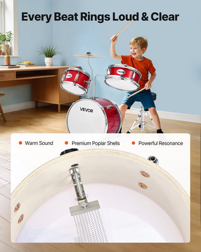 Barntrumset, 3-delat 14 tum / 355,6 mm juniortrumset, trumset för nybörjare med justerbar tron ​​och två par trumstockar, musikaliskt lärande truminstrumentkit, för barn i åldrarna 6-13 (röd)