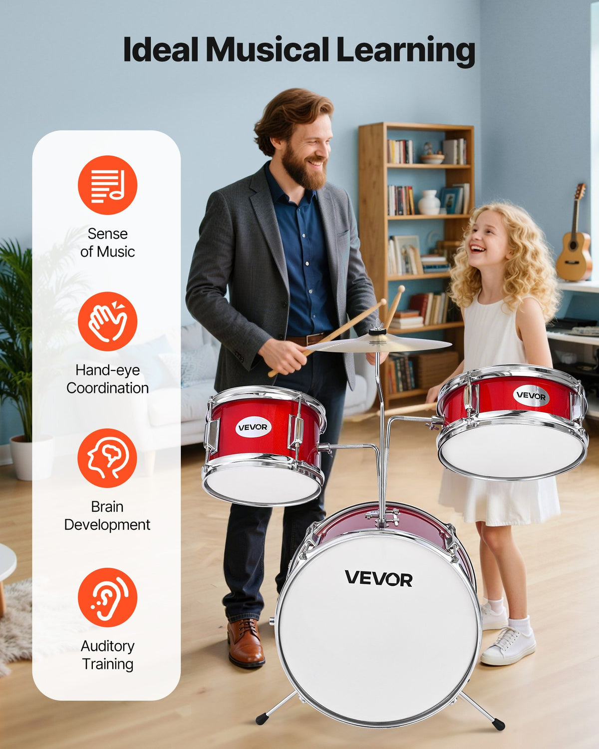 Barntrumset, 3-delat 14 tum / 355,6 mm juniortrumset, trumset för nybörjare med justerbar tron ​​och två par trumstockar, musikaliskt lärande truminstrumentkit, för barn i åldrarna 6-13 (röd)