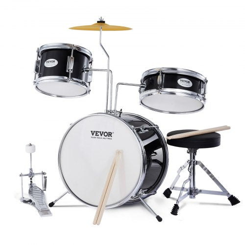 Kids Drum Set, 3-Piece, 14 in Beginner Drum Set with Adjustable Throne Cymbal Pedal Two Pairs of Drumsticks, 8" Tom Drum 10" Snare Drum 14" Bass Drum, Starter Drum Kit for Child Kids, Black