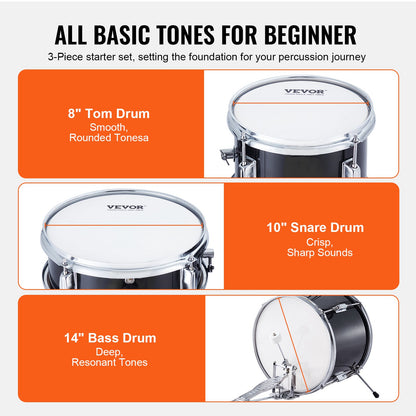 Kids Drum Set, 3-Piece, 14 in Beginner Drum Set with Adjustable Throne Cymbal Pedal Two Pairs of Drumsticks, 8" Tom Drum 10" Snare Drum 14" Bass Drum, Starter Drum Kit for Child Kids, Black