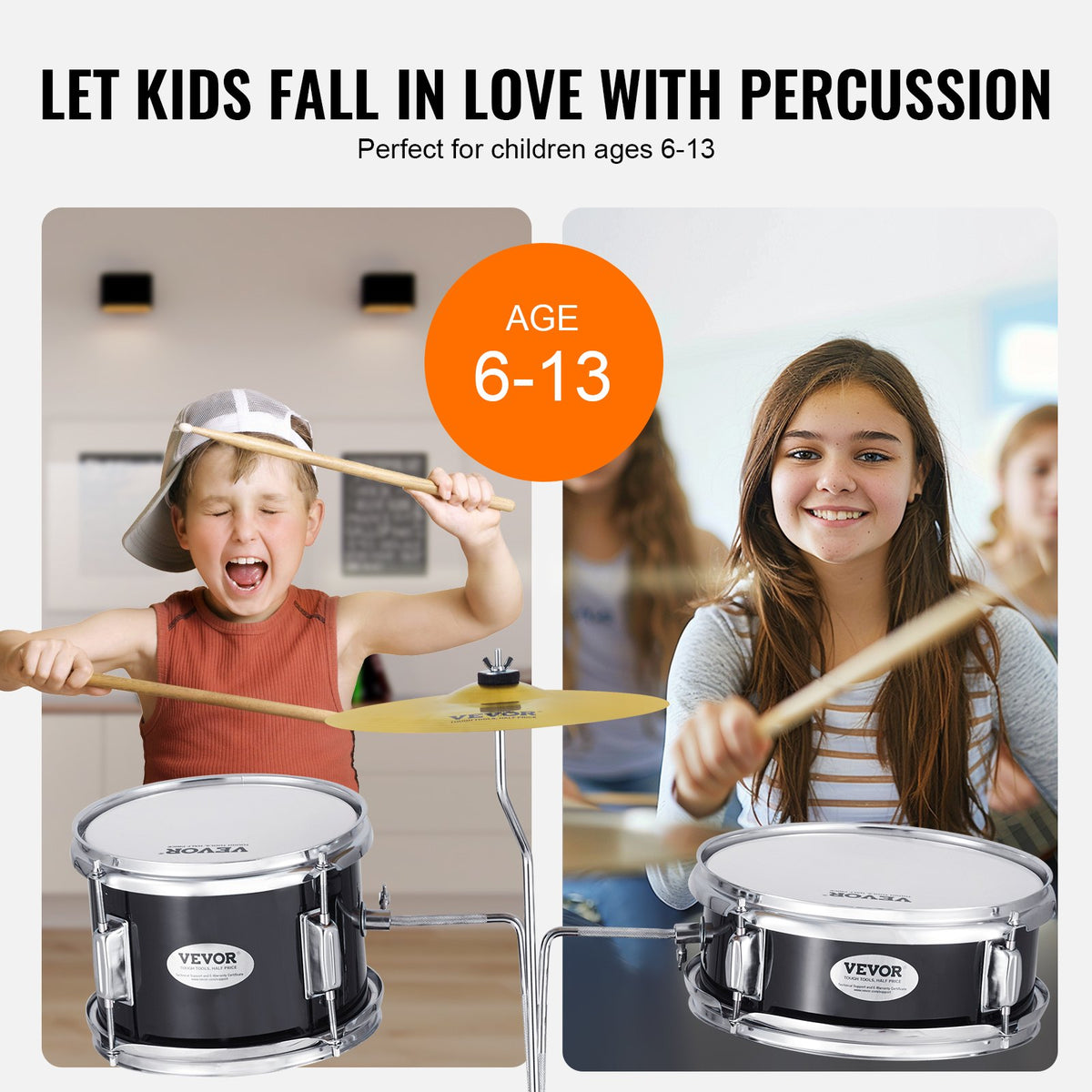 Kids Drum Set, 3-Piece, 14 in Beginner Drum Set with Adjustable Throne Cymbal Pedal Two Pairs of Drumsticks, 8" Tom Drum 10" Snare Drum 14" Bass Drum, Starter Drum Kit for Child Kids, Black