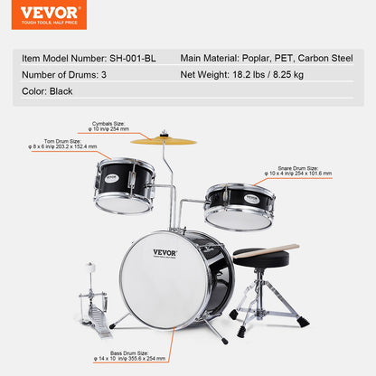 Kids Drum Set, 3-Piece, 14 in Beginner Drum Set with Adjustable Throne Cymbal Pedal Two Pairs of Drumsticks, 8" Tom Drum 10" Snare Drum 14" Bass Drum, Starter Drum Kit for Child Kids, Black
