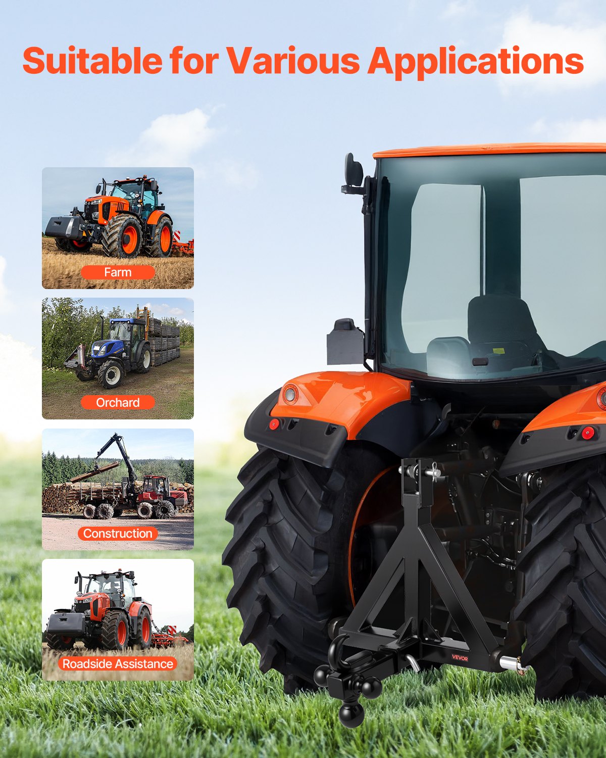 3-punkts dragkrok, 2-tums fäste, 3-punkts snabbkoppling med 3 kulor, dragstångsadapter för traktor, kompatibel med Kubota, Mahindra, Ford, Yanmar, John Deere, Massey Ferguson