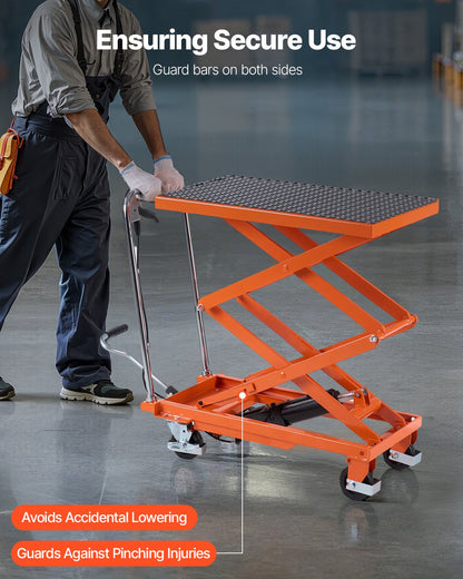 Hydrauliskt lyftbord, 227 kg kapacitet, 127 cm lyfthöjd, dubbel saxlyftbordsvagn med 4 hjul och halkfri dyna, manuell hydraulisk lyftvagn för materialhantering och transport