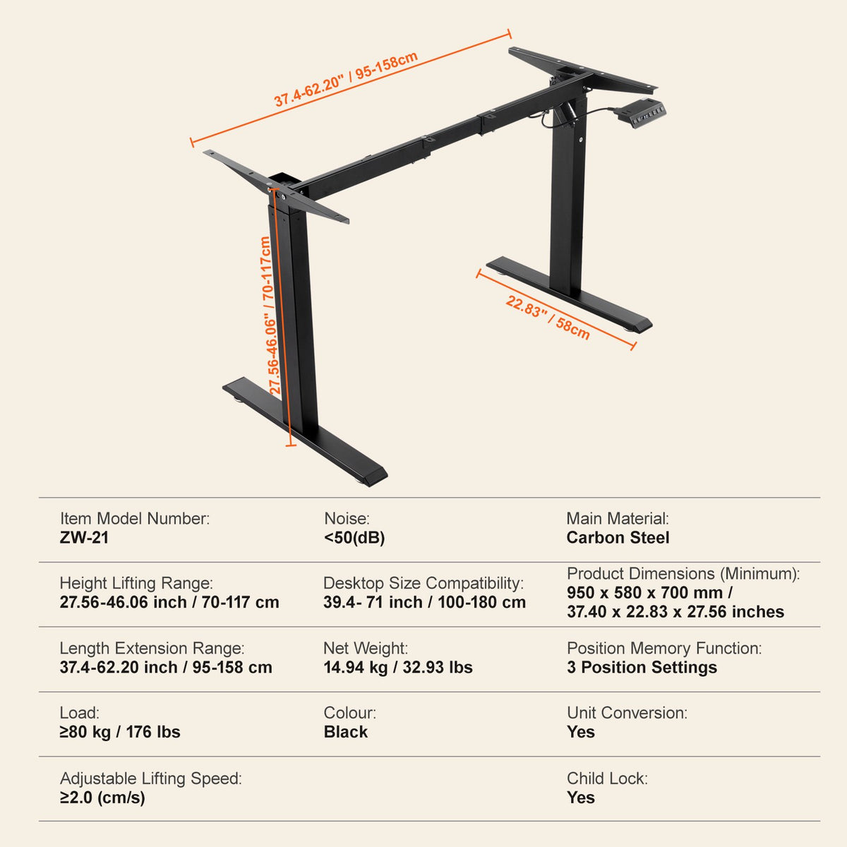 Stående skrivbordsram, justerbar 70-117 cm höjd och 95-158 cm längd elektriska ståben för datorbord, ergonomisk gör-det-själv-arbetsstation för hem och kontor (endast svart ram)