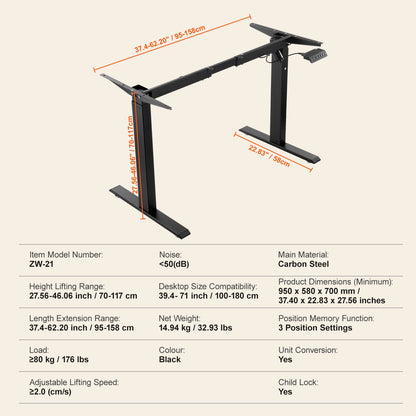 Stående skrivbordsram, justerbar 70-117 cm höjd och 95-158 cm längd elektriska ståben för datorbord, ergonomisk gör-det-själv-arbetsstation för hem och kontor (endast svart ram)