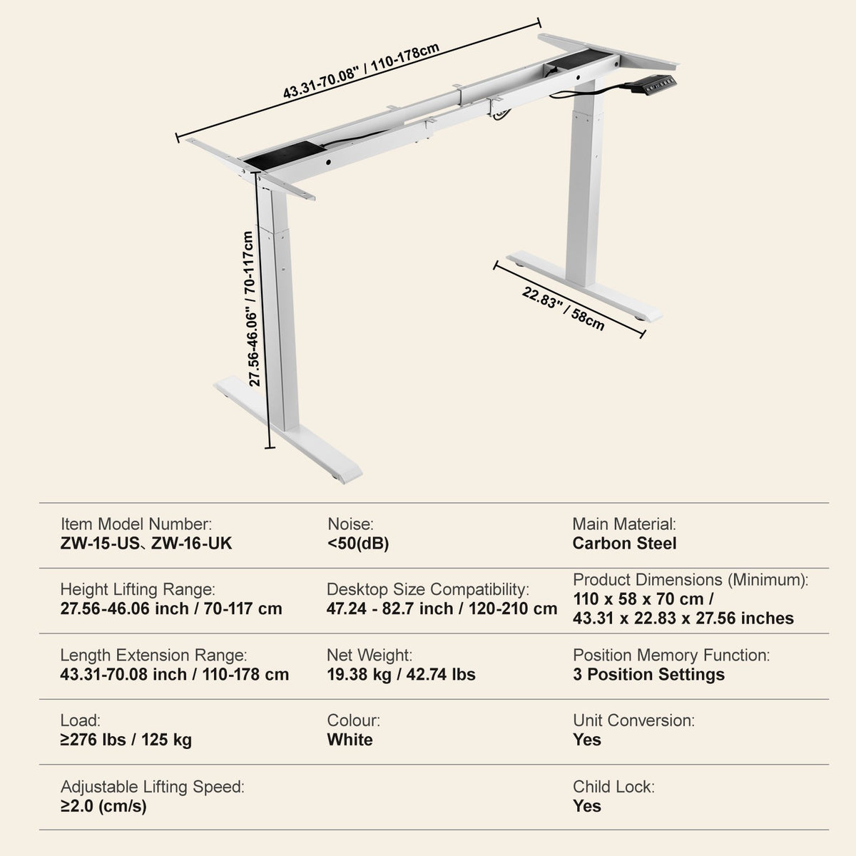 Stående skrivbordsram med dubbel motor, justerbar höjd 70-117 cm och längd 110-178 cm, elektriska ståben för datorbord, ergonomisk gör-det-själv-arbetsstation för hem och kontor (endast vit ram)