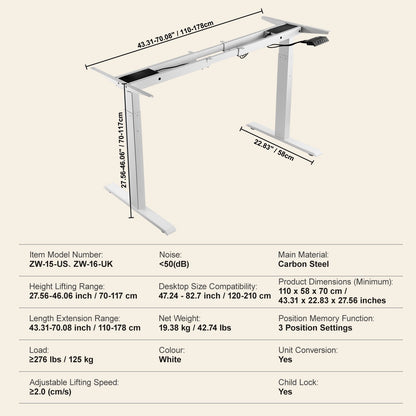 Stående skrivbordsram med dubbel motor, justerbar höjd 70-117 cm och längd 110-178 cm, elektriska ståben för datorbord, ergonomisk gör-det-själv-arbetsstation för hem och kontor (endast vit ram)