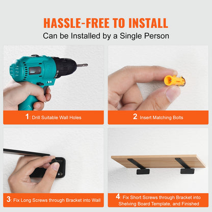 Hyllkonsol, 15 cm L x 10 cm B x 4 cm H 6 st., kraftiga flytande hyllkonsoler, konsoler för hyllor, 5 mm tjock mattsvart L-hyllkonsol, stålhyllkonsoler med 71 kg lastkapacitet