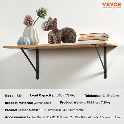 Hyllkonsol, 18 x 12 tum, 12 st, kraftiga flytande hyllkonsoler, konsoler för hyllor, 3 mm tjock mattsvart triangulärt hyllkonsol, stålhyllkonsoler med 160 lbs lastkapacitet