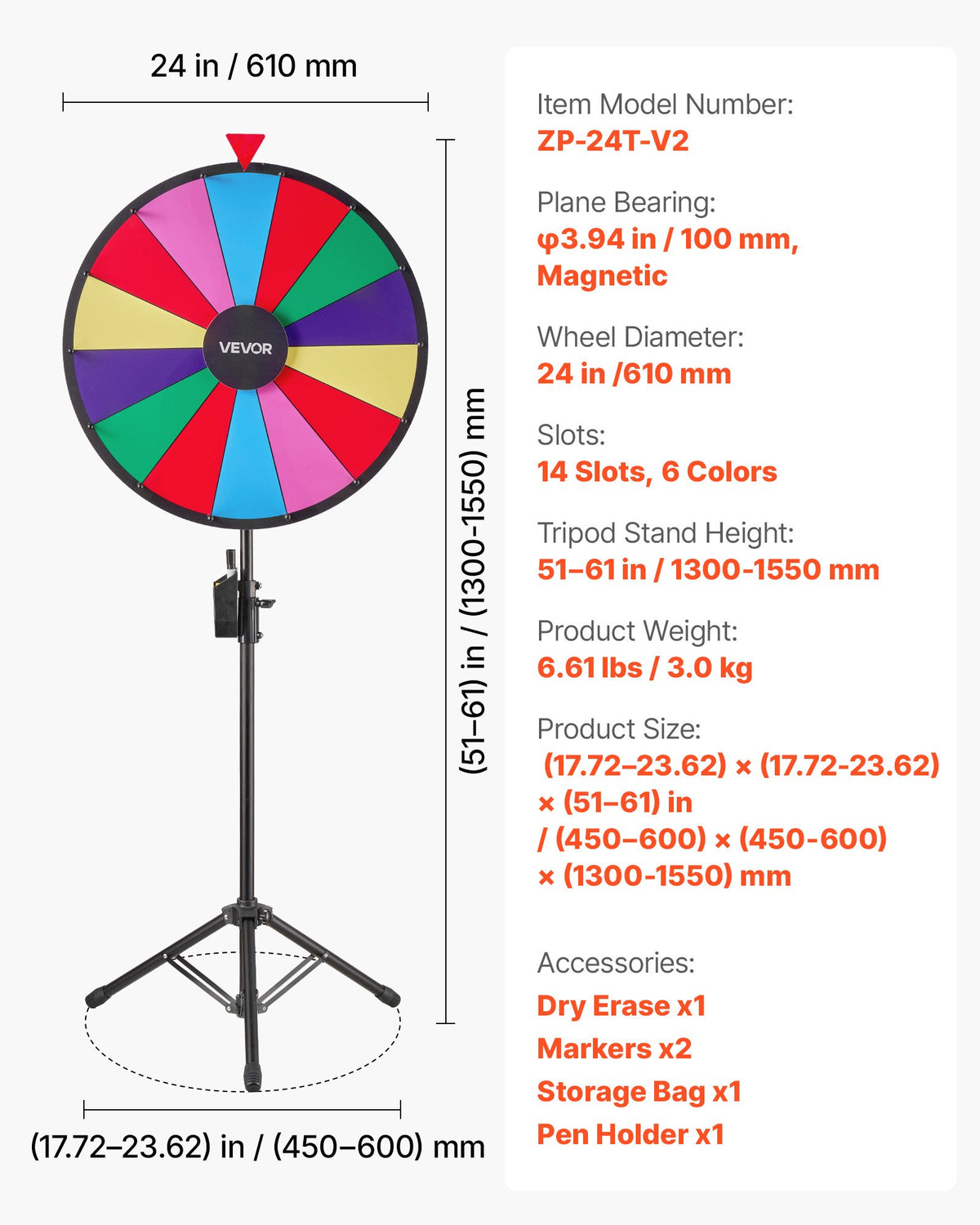 610 mm snurrande prishjul, 14 platser med stativ, justerbar höjd för lycko-roulette med whiteboard och 2 markörer, 6 färger, enkel montering, för fest, pub, mässa, karneval