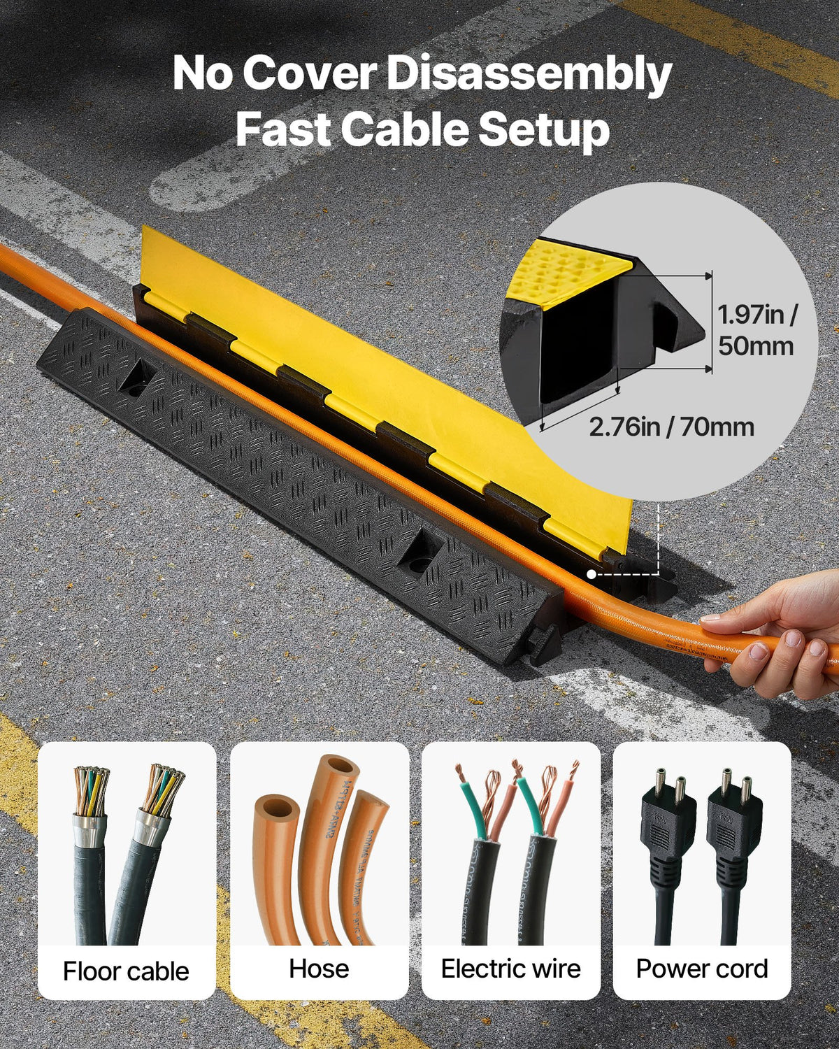 Cable Protector Ramp, 9,979 kg/axle Capacity, 1 Channel Heavy Duty Rubber Cord Hose Wire Cover, 70 x 50 mm Channel, Traffic Speed Bump with Flip-Open Top Cover, for Indoor Outdoor Use, 1 Pack
