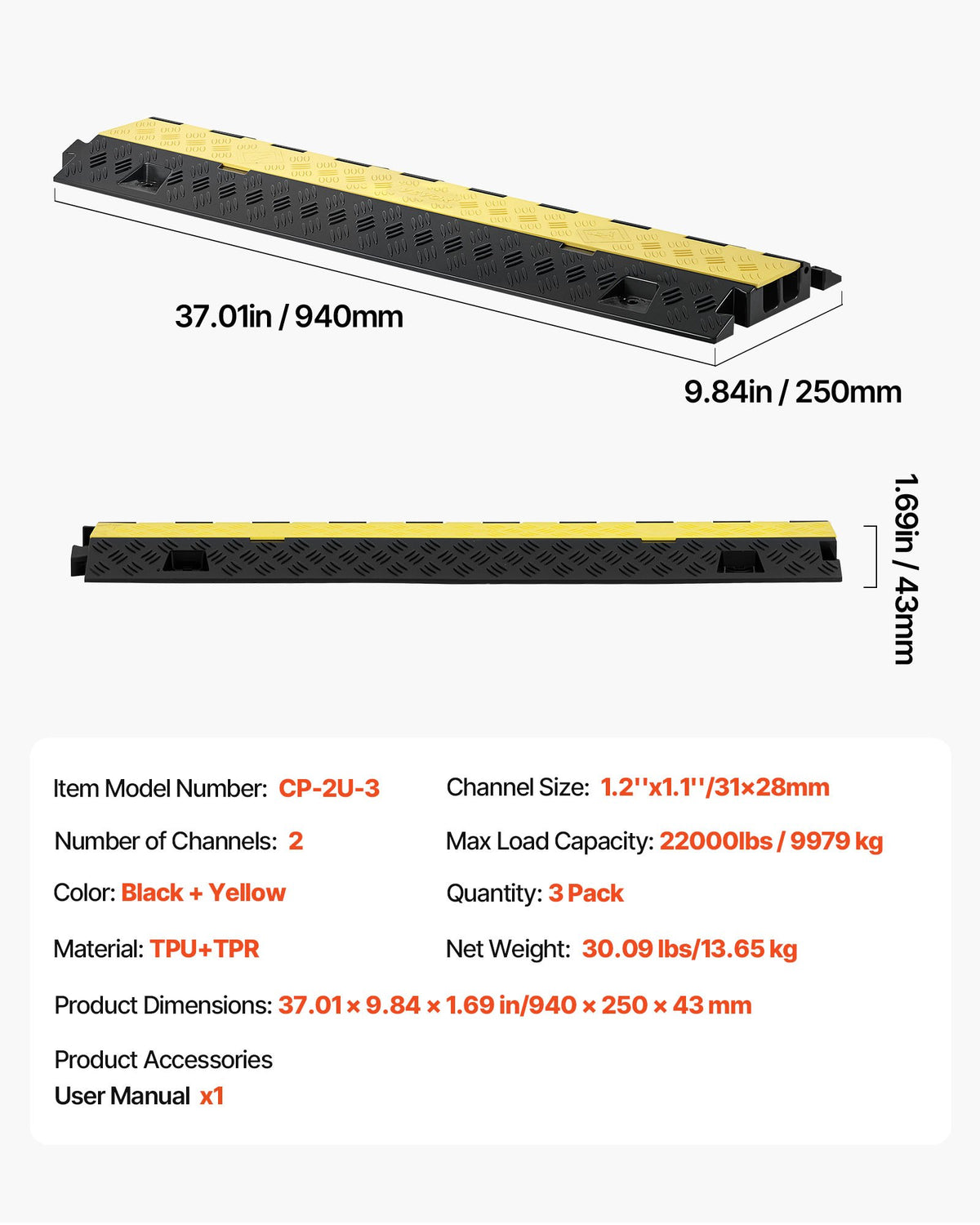 Kabelskyddsramp, 9 979 kg/axelkapacitet, 2-kanaligt kraftigt TPU-sladdskydd för slang, 31 x 28 mm kanal, trafikhinder med öppningsbart toppskydd, för inomhus- och utomhusbruk, 3-pack