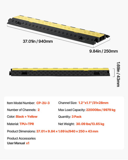 Kabelskyddsramp, 9 979 kg/axelkapacitet, 2-kanaligt kraftigt TPU-sladdskydd för slang, 31 x 28 mm kanal, trafikhinder med öppningsbart toppskydd, för inomhus- och utomhusbruk, 3-pack