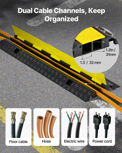 Kabelskyddsramp, 9 979 kg/axelkapacitet, 2-kanals kraftig gummisnöre, slangskydd för vajer, 32 x 31 mm kanal, farthinder med öppningsbart toppskydd, för inomhusbruk och utomhusbruk, 1-pack