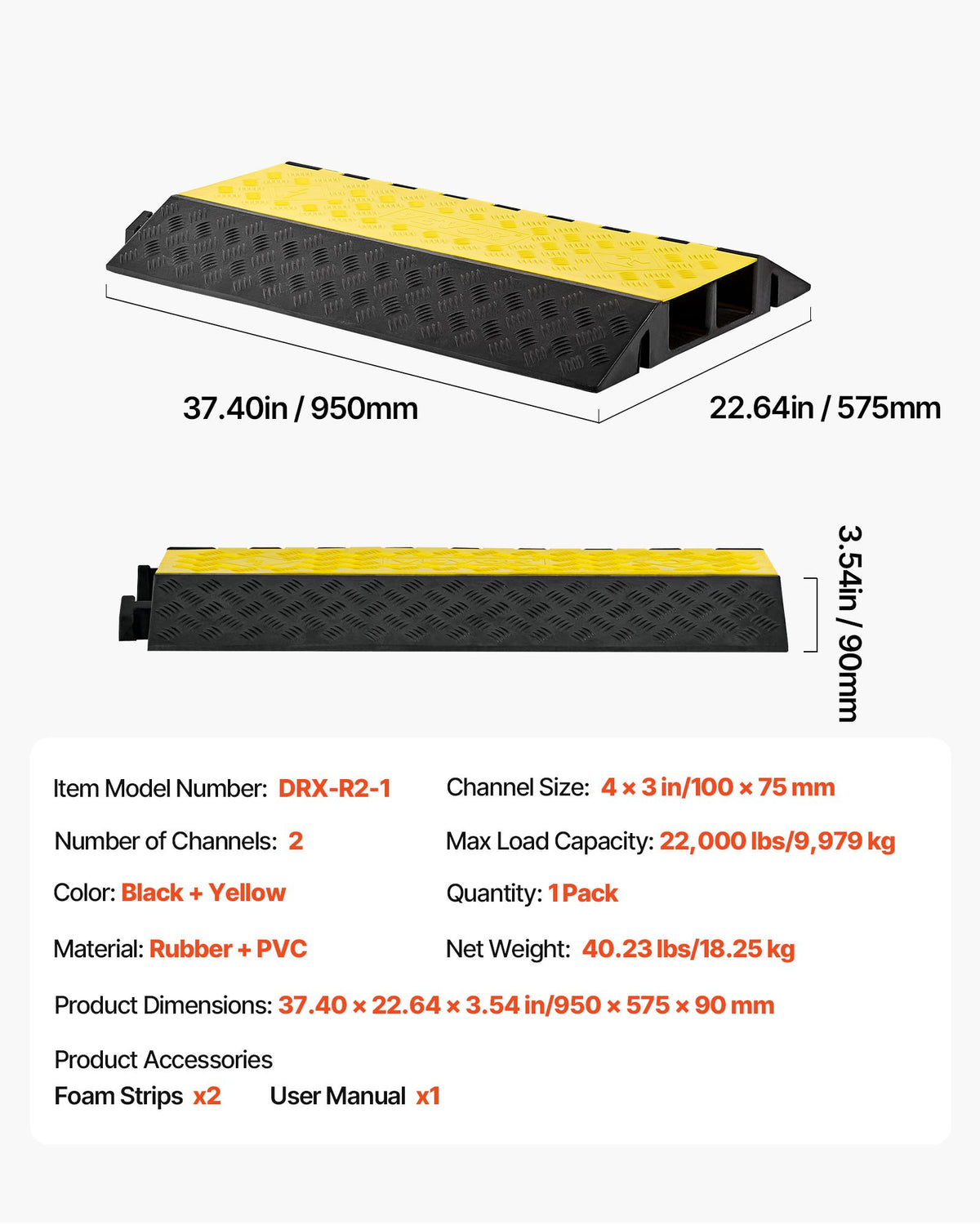 Cable Protector Ramp, 9,979 kg/axle Capacity, 2 Channel Heavy Duty Rubber Cord Hose Wire Cover, 100 x 75 mm Channel, Traffic Speed Bump with Flip-Open Top Cover, for Indoor Outdoor Use, 1 Pack