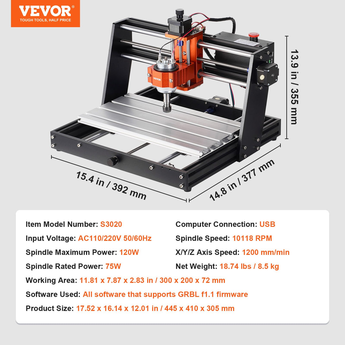 CNC-fräsmaskin, 120 W, 3-axlig GRBL-styrd trägravyr, snidning, fräsmaskin, 11,81 x 7,87 x 2,83 tum / 300 x 200 x 72 mm, arbetsyta 1200 varv/min för trä, akryl, MDF, PVC, plastskum