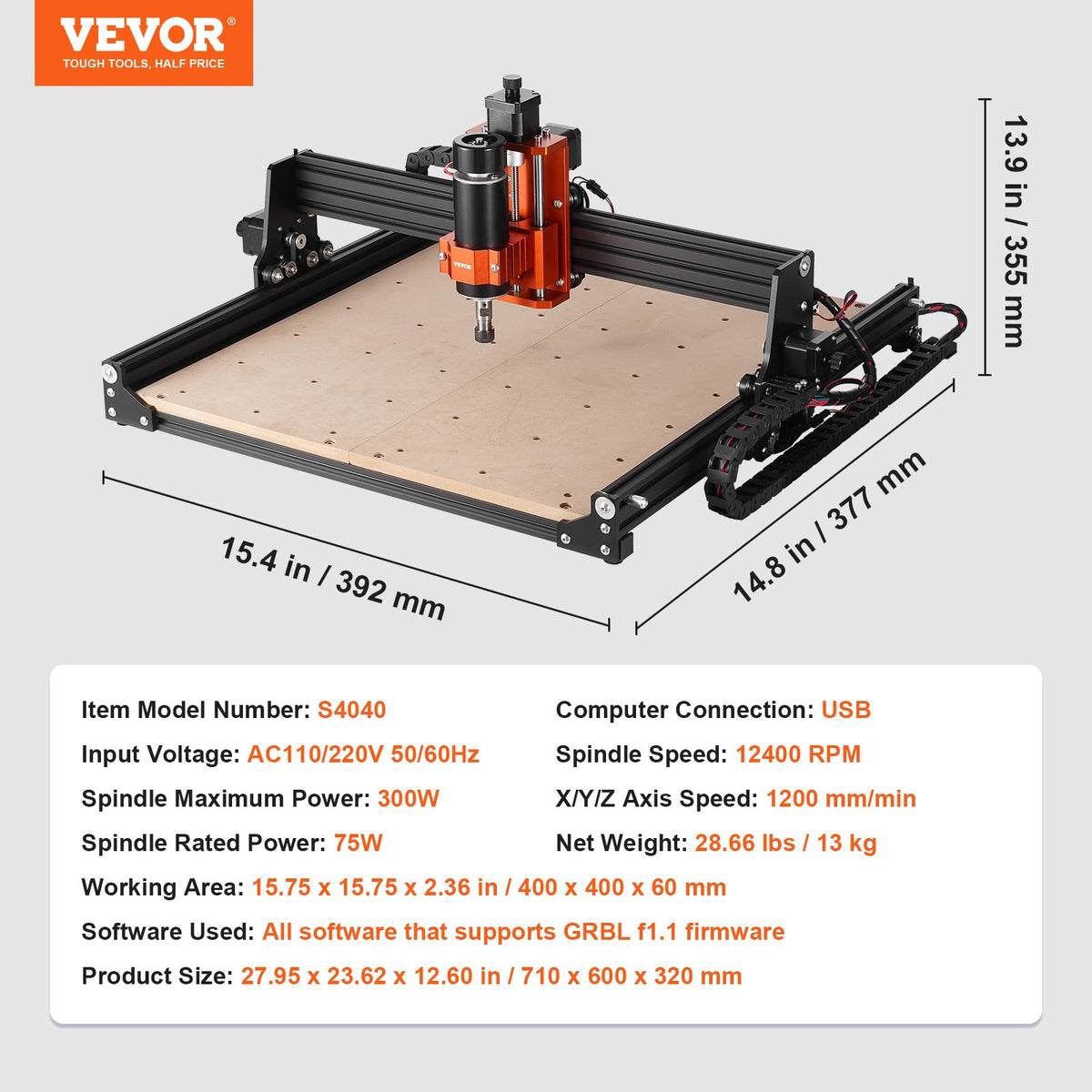 CNC-fräsmaskin, 300 W, 3-axlig GRBL-styrd trägravyr, snidning, fräsmaskin, 15,75 x 15,75 x 2,36 tum / 400 x 400 x 60 mm, arbetsyta 1200 varv/min för trä, akryl, MDF, PVC, plast, skum