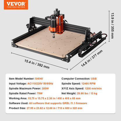CNC-fräsmaskin, 300 W, 3-axlig GRBL-styrd trägravyr, snidning, fräsmaskin, 15,75 x 15,75 x 2,36 tum / 400 x 400 x 60 mm, arbetsyta 1200 varv/min för trä, akryl, MDF, PVC, plast, skum