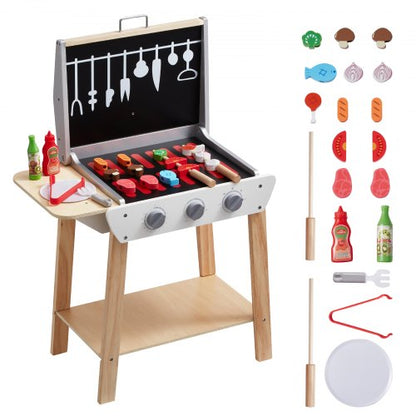 Träleksaksgrill, barngrilllekset med lekmat och grillverktyg, trälekmatstillbehör till köket (21 delar), låtsasleksak för småbarn pojkar flickor från 3 år, present