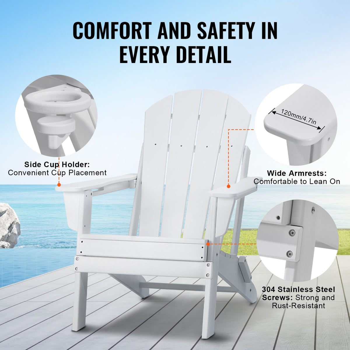 Adirondack-stol i plast, set med 2 vädersäkra bärbara hopfällbara eldstadsstolar, utomhus Adirondack-terrassestol med mugghållare, med ergonomiskt avslappnande armstöd, för trädgård, bakgård - vit