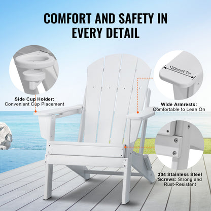 Adirondack-stol i plast, set med 2 vädersäkra bärbara hopfällbara eldstadsstolar, utomhus Adirondack-terrassestol med mugghållare, med ergonomiskt avslappnande armstöd, för trädgård, bakgård - vit