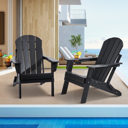 Adirondack-stol i plast, set med 2 vädersäkra bärbara hopfällbara eldstadsstolar, utomhus Adirondack-terrassestol med mugghållare, med ergonomiskt avslappnande armstöd, för trädgård, bakgård - svart