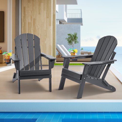 Adirondack-stol i plast, set med 2 vädersäkra bärbara hopfällbara eldstadsstolar, utomhus Adirondack-terrassestol med mugghållare, med ergonomiskt avslappnande armstöd, för trädgård, bakgård - grå