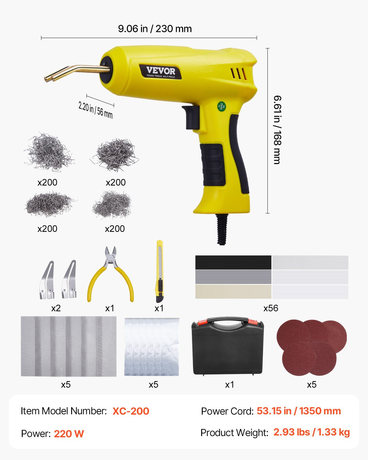 Plastsvetssats, 220W plastsvetspistol med 800 st. häftklamrar och 56 st. svetstrådar, professionell häftklamrare med LED-ljus, bärväska för kajak, leksaker, reparation av bilstötfångare