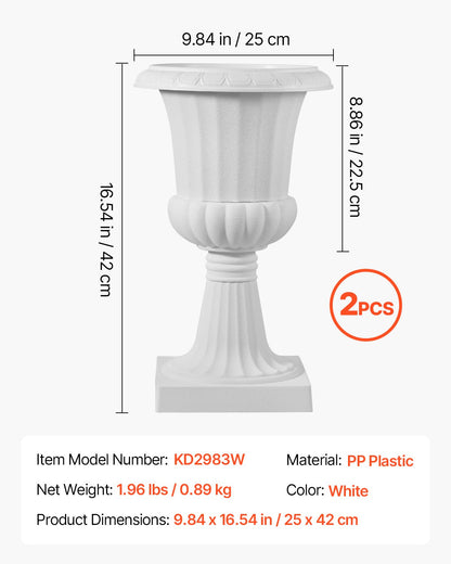 Plastic Urn Planters, 25 x 42 cm, 2 Pack White Classic Flower Pots Front Porch Planters, Indoor & Outdoor Vase for Wedding, Party, Event, Home, Stage, Garden, Balcony, Patio Decoration