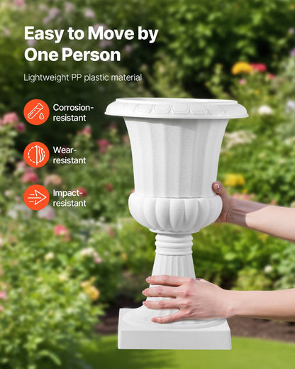 Plastic Urn Planters, 25 x 42 cm, 2 Pack White Classic Flower Pots Front Porch Planters, Indoor & Outdoor Vase for Wedding, Party, Event, Home, Stage, Garden, Balcony, Patio Decoration