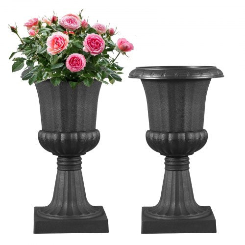 Plastic Urn Planters, 25 x 42 cm, 2 Pack Black Classic Flower Pots Front Porch Planters, Indoor & Outdoor Vase for Wedding, Party, Event, Home, Stage, Garden, Balcony, Patio Decoration