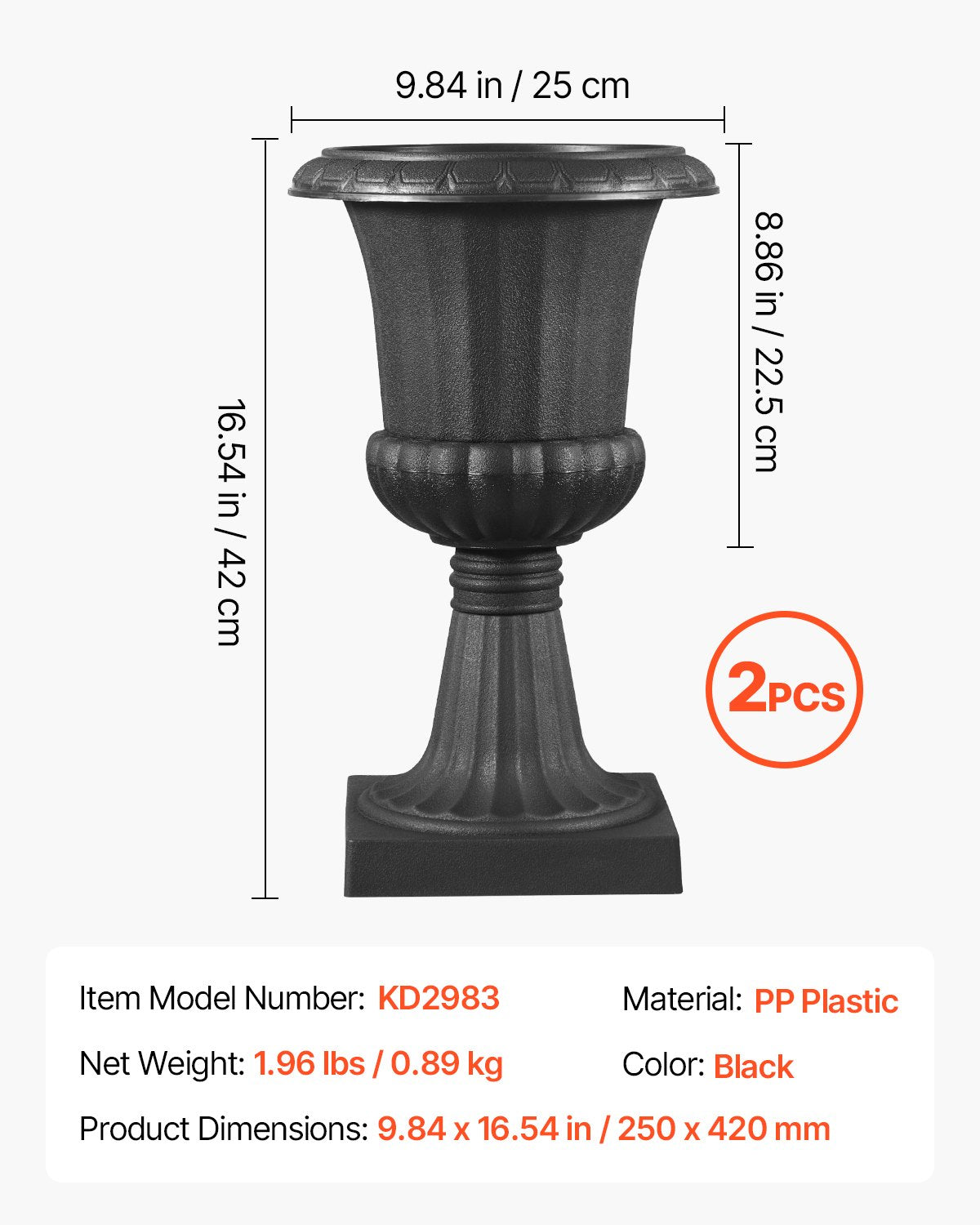 Plastic Urn Planters, 25 x 42 cm, 2 Pack Black Classic Flower Pots Front Porch Planters, Indoor & Outdoor Vase for Wedding, Party, Event, Home, Stage, Garden, Balcony, Patio Decoration