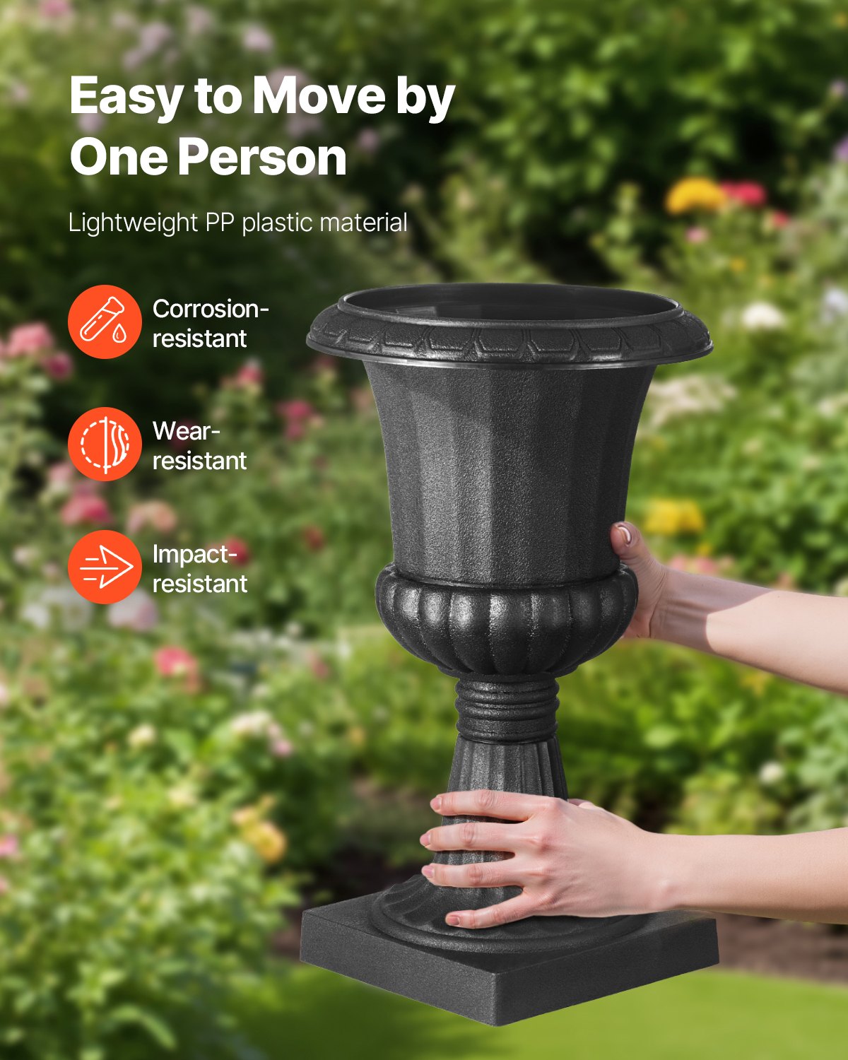 Plastic Urn Planters, 25 x 42 cm, 2 Pack Black Classic Flower Pots Front Porch Planters, Indoor & Outdoor Vase for Wedding, Party, Event, Home, Stage, Garden, Balcony, Patio Decoration