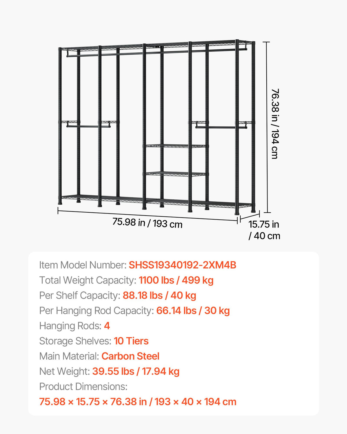 Clothing Garment Rack, Heavy Duty Closet Wardrobe, Adjustable Tiers Clothes Racks with Steel Frame, 499 kg Load Capacity Clothes Rack with 4 Hanging Rods for Bedroom, Clothing Store, Hallway