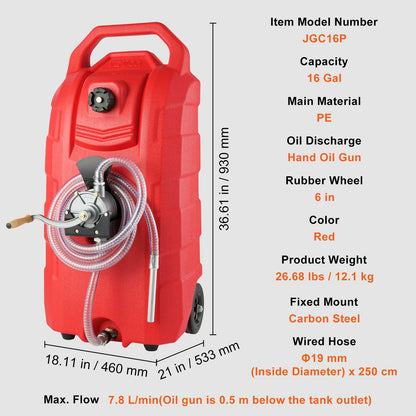 16 gallon bränsledunk, 7,8 l/min, bärbar bensintank med handpump, gummihjul, bränsleöverföringstank för bensin, diesel, maskin, olja, bil, gräsklippare, traktor, båt, motorcykel