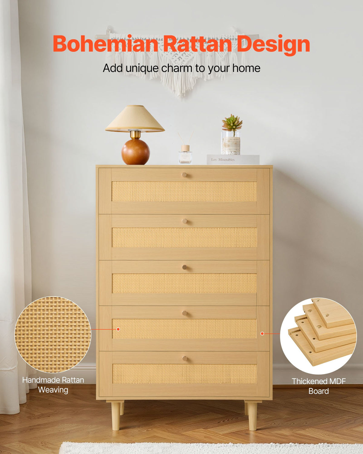 5 Drawer Rattan Dresser, Modern Closet Dresser for Bedroom, Natural Rattan Chest of Drawers with Metal Handles & Wooden Legs, Chest Clothing Organizer & Storage for Bedroom, Living Room, Hallway