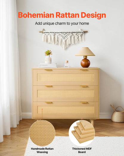 3 Drawer Rattan Dresser, Modern Closet Dresser for Bedroom, Natural Rattan Chest of Drawers with Metal Handles & Wooden Legs, Chest Clothing Organizer & Storage for Bedroom, Living Room, Hallway