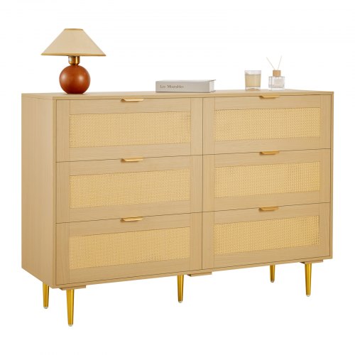 6 Drawer Rattan Dresser, Double Dresser for Bedroom, Natural Rattan Chest of Drawers with Metal Handles & Legs, Modern Wood Chest Clothing Organizer & Storage for Bedroom, Living Room, Hallway