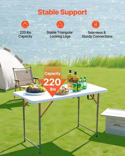 Folding Table, 4 Ft Heavy Duty Portable Fold-in-Half Utility Table, Indoor Outdoor Plastic Rectangle Table with Adjustable Height and Built in Handle, for Party, Dining, Picnic, Camping, White