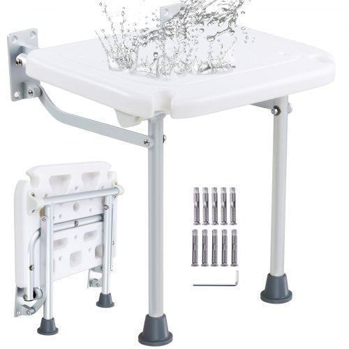 Hopfällbar duschstol i PE, 15,7'' x 14,8'' utfälld, väggmonterad hopfällbar duschbänk med 500 lbs lastkapacitet, platsbesparande hopfällbar duschstol för seniorer, gravida kvinnor, barn, vuxna